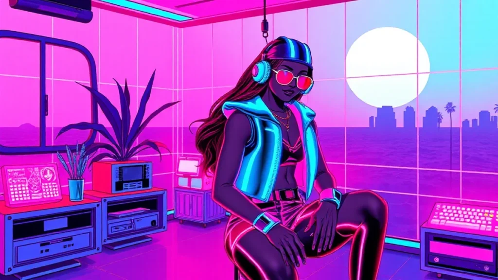 Megan Thee Stallion and Klay Thompson in a neon Y2K workout room with floating digital trophies and glowing fitness gear