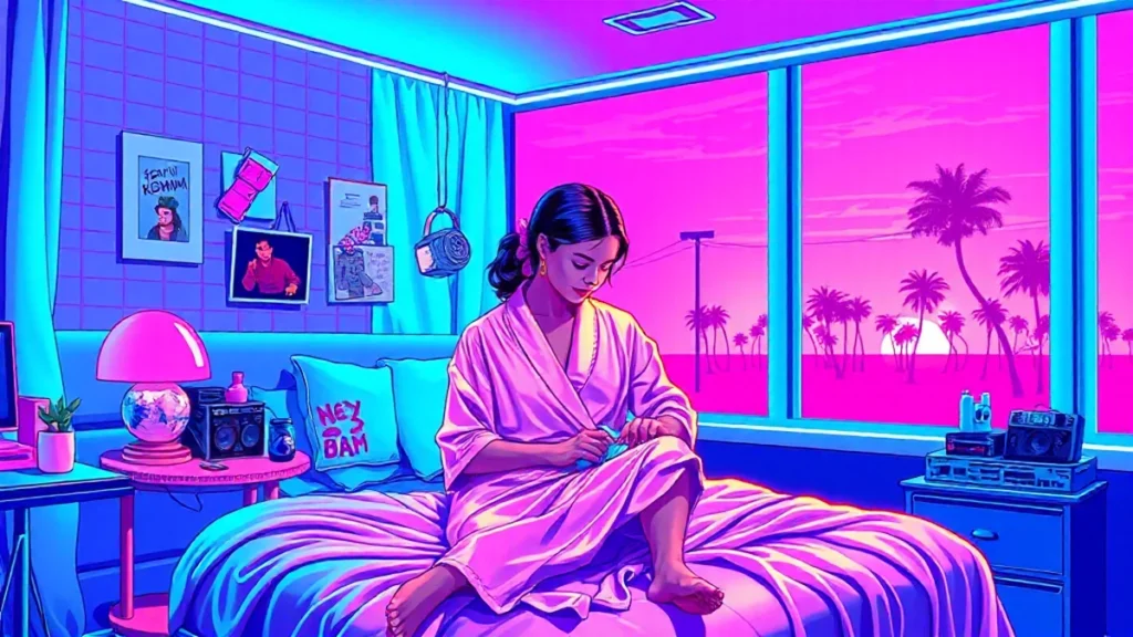 A glowing new mom in a pastel robe surrounded by floating holographic baby items in a neon-lit Y2K bedroom.