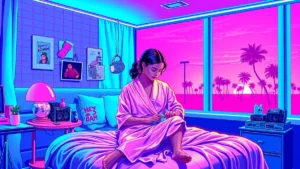 A glowing new mom in a pastel robe surrounded by floating holographic baby items in a neon-lit Y2K bedroom.