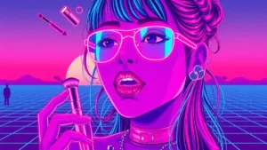 A glowing neon-lit girl with glowing lips surrounded by floating holographic makeup tools in a retro Y2K synthwave setti
