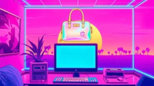 A stylized Y2K scene featuring a glowing holographic bag and a glowing figure in a shimmering outfit amidst digital conf
