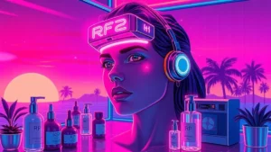 A glowing face using a radio frequency device in a neon Y2K styled room with holographic skincare products.