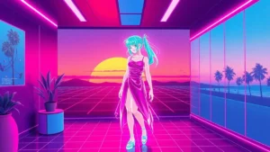 A stylized Y2K character in a neon synthwave room wearing a Mondrian-inspired dress with holographic art projections.
