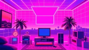 A glowing Y2K room features a holographic Armani/Casa installation and glowing data streams.