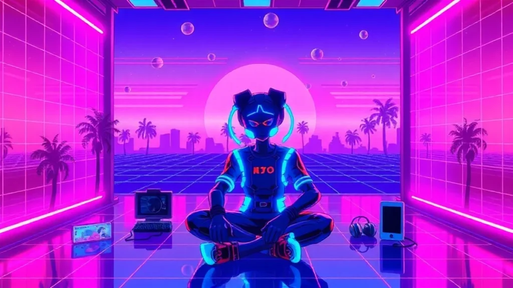 A stylized Y2K character in a neon-lit room surrounded by floating holograms and digital data streams, expressing emotio
