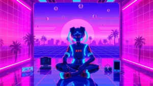 A stylized Y2K character in a neon-lit room surrounded by floating holograms and digital data streams, expressing emotio