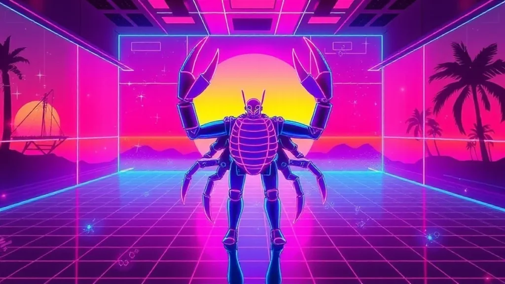 A retro neon-lit room with a glowing Scorpio figure and floating holograms under a full moon.