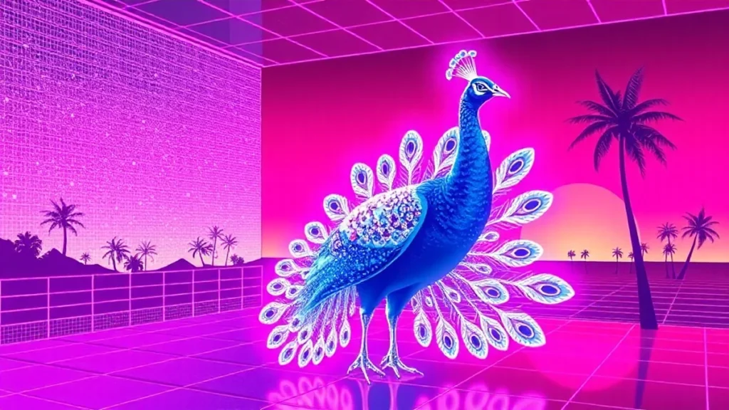 A glowing peacock in a neon vaporwave room with holographic feathers and digital text floating around it.