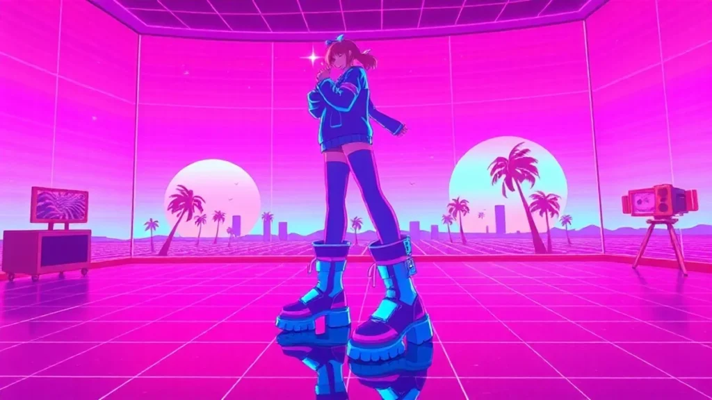 A stylized Y2K character wearing chunky boots in a neon-lit synthwave room with floating digital sneakers and tech eleme