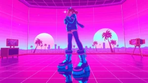 A stylized Y2K character wearing chunky boots in a neon-lit synthwave room with floating digital sneakers and tech eleme