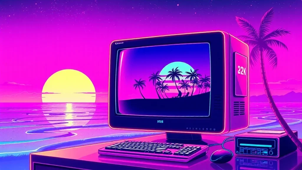 A glowing character lounges on a tropical beach with a holographic palm tree and floating cocktail on a neon-lit compute