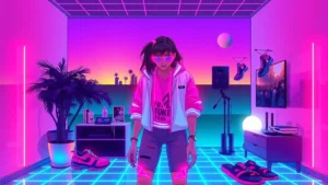 A stylized Y2K character in a neon-lit room surrounded by floating holographic fashion items and digital threads.