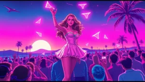 Sydney Sweeney tosses holographic panties in a neon-lit Y2K styled synthwave scene.