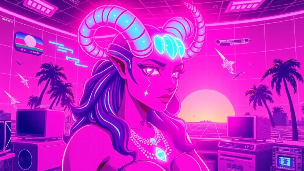 A retro neon-lit room with a confident Taurus queen surrounded by floating holograms and glowing data streams.