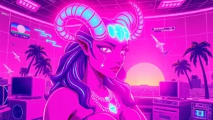 A retro neon-lit room with a confident Taurus queen surrounded by floating holograms and glowing data streams.