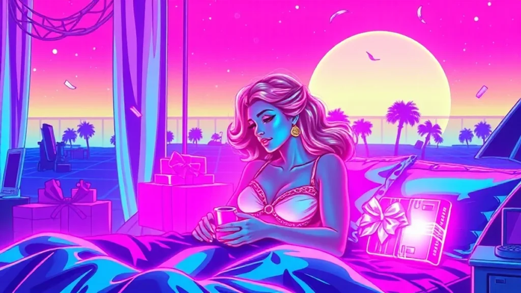 A retro Y2K styled mother's day gift scene with glowing holographic elements and a digital gift guide on a computer scre