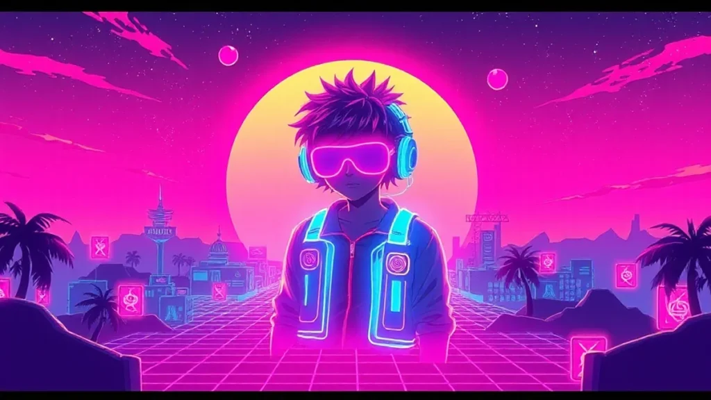 A stylized Y2K character with glowing holograms and data streams in a neon-lit synthwave environment.