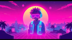 A stylized Y2K character with glowing holograms and data streams in a neon-lit synthwave environment.