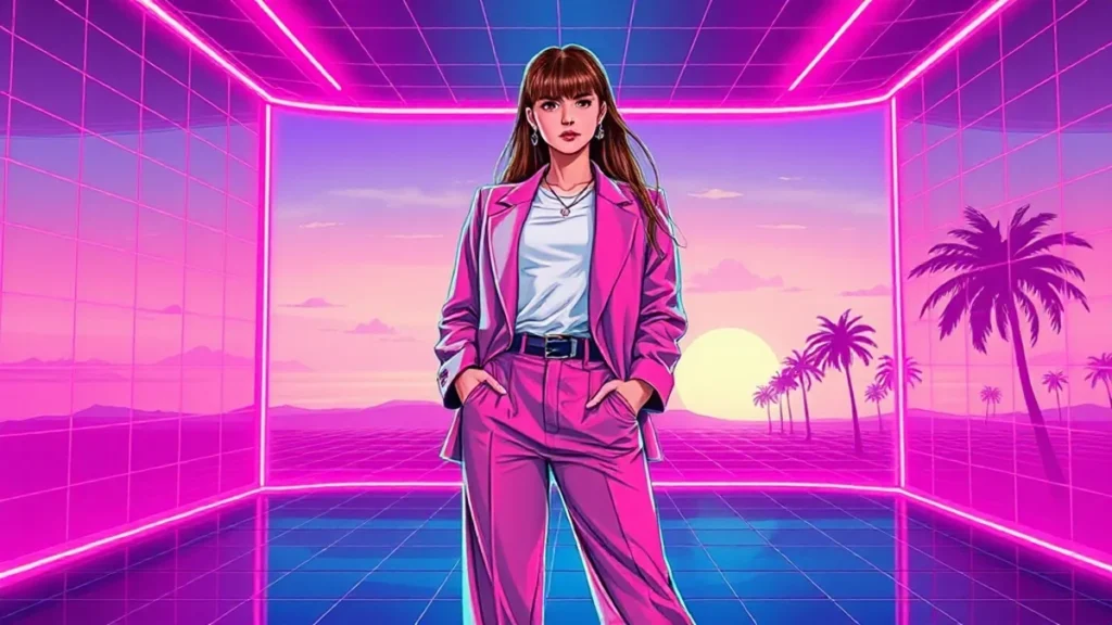 A stylized Y2K illustration of Victoria Beckham in an oversized blazer and white tee, surrounded by holographic elements