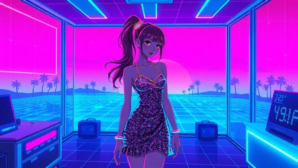 A glowing Y2K character in a neon synthwave room wearing a glittery dress surrounded by floating holograms.