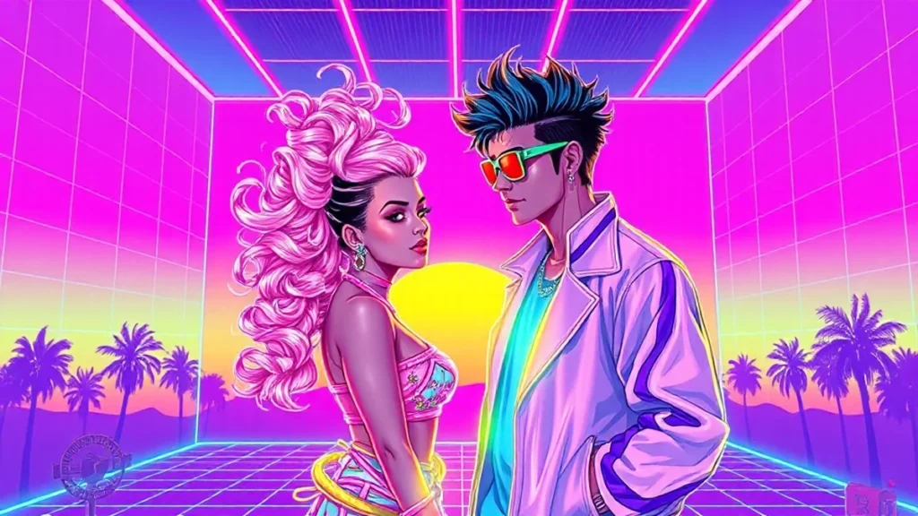 Neon Y2K illustration of Zendaya and Tom Holland with glowing curls and digital love hearts in a retro computer room.