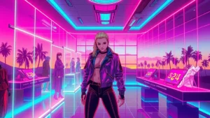 Two celebrities in futuristic outfits glowing in a neon-lit Y2K design week venue.