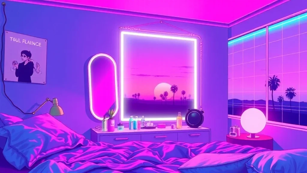 A retro Y2K styled bedroom with a glowing skincare routine and a character struggling with acne.