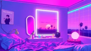 A retro Y2K styled bedroom with a glowing skincare routine and a character struggling with acne.