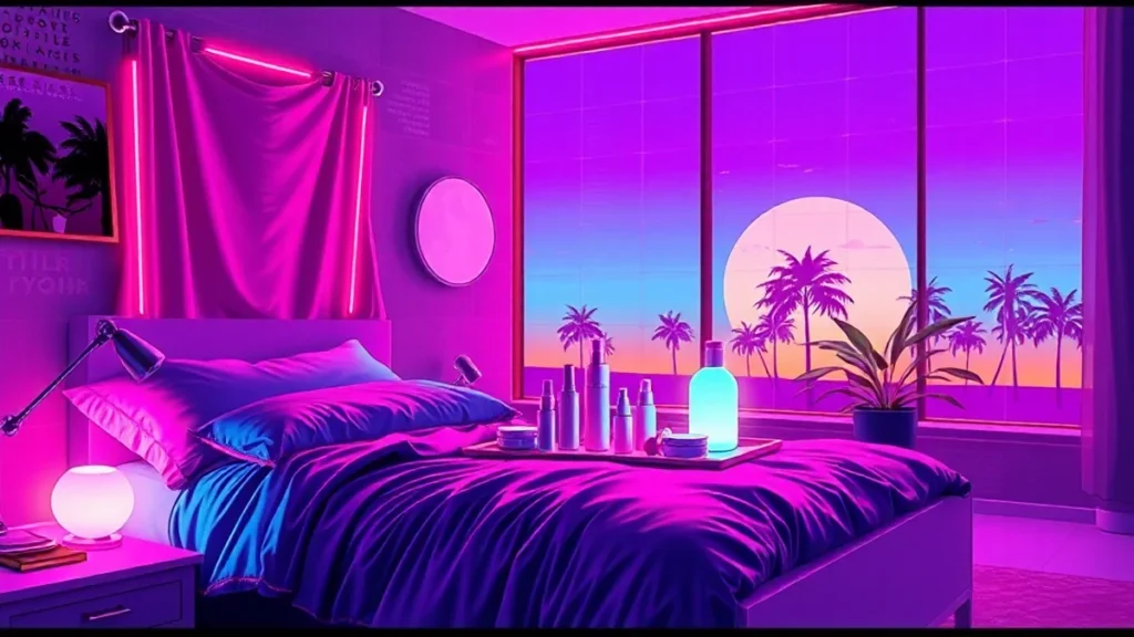 A glowing Y2K bedroom with a pixelated girl showing a skincare routine using holographic products.