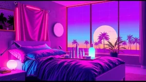 A glowing Y2K bedroom with a pixelated girl showing a skincare routine using holographic products.
