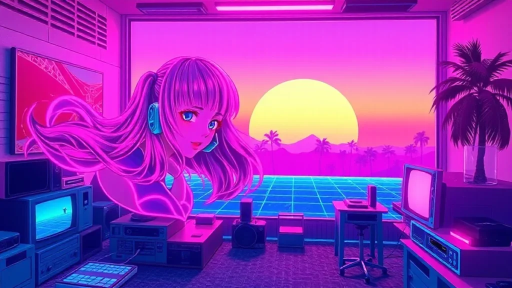 A retro Y2K girl with glowing holographic bangs in a neon-lit digital room.