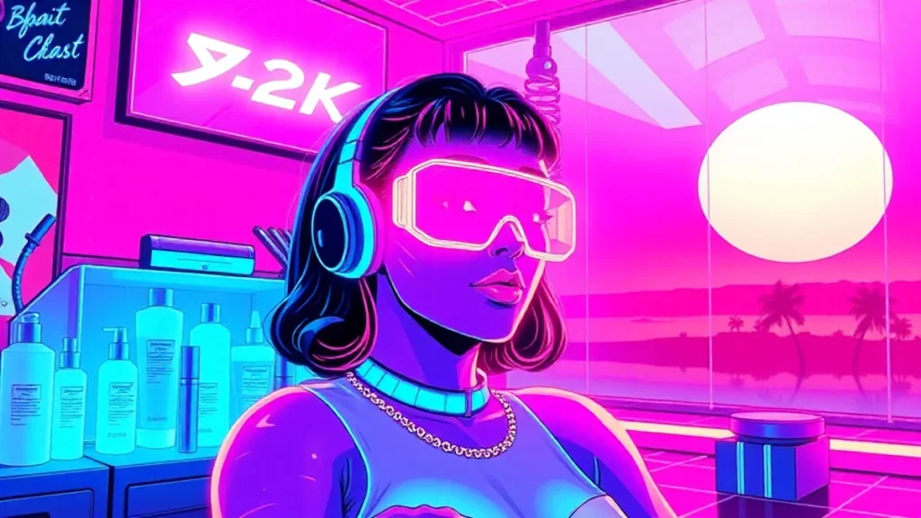 A stylized retro character in a neon Y2K room surrounded by glowing beauty products and floating text.