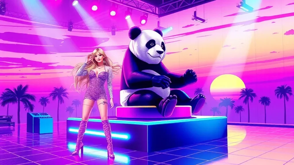 Retro Y2K illustration of Britney Spears and Justin Timberlake with a giant panda at the 2000 AMAs.