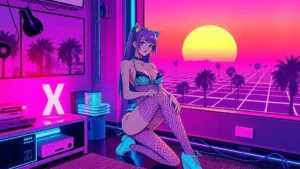 A stylized Y2K character in a neon synthwave room wearing fishnet tights and a sheer lace top with floating holographic