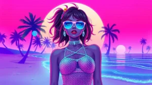 A retro Y2K character in a neon synthwave beach scene wearing a mesh dress and holographic elements.