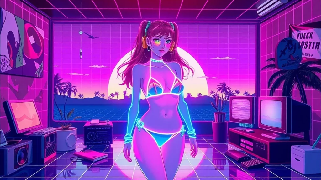 A glowing Y2K girl in a neon room with floating tech and a digital mirror reflecting her radiant glow.