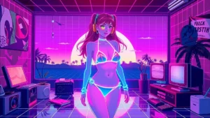 A glowing Y2K girl in a neon room with floating tech and a digital mirror reflecting her radiant glow.