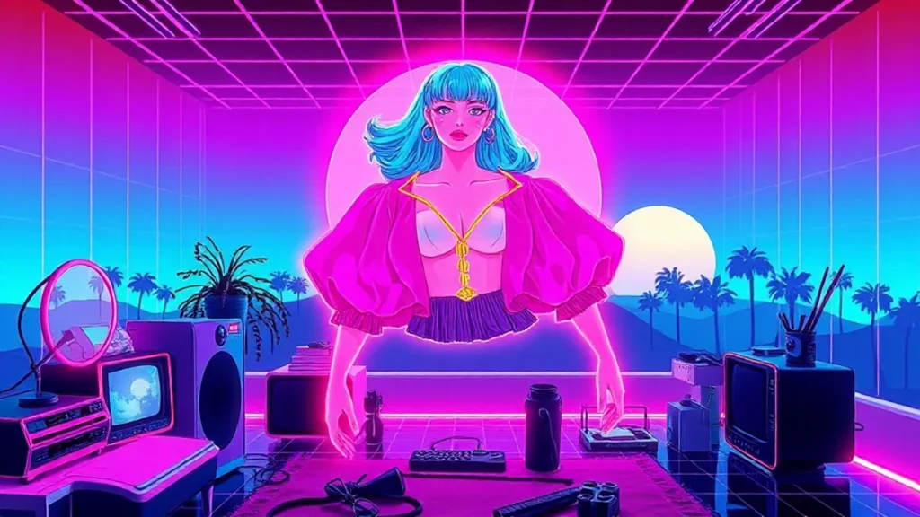 A glowing figure in a neon blouse stands in a synthwave room surrounded by holographic fashion items.