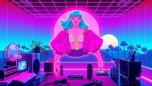 A glowing figure in a neon blouse stands in a synthwave room surrounded by holographic fashion items.