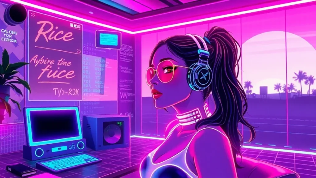 A stylized Y2K digital avatar of Angourie Rice in a neon-lit room with floating scripts and chat bubbles.