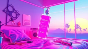 A glowing rose-hued hair treatment bottle in a neon Y2K bedroom with holographic hair tools.