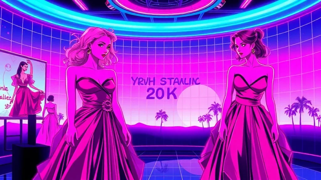 Anne Hathaway and Meryl Streep in matching red dresses at a retro Y2K fashion event with glowing holographic displays.