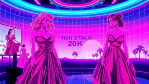 Anne Hathaway and Meryl Streep in matching red dresses at a retro Y2K fashion event with glowing holographic displays.