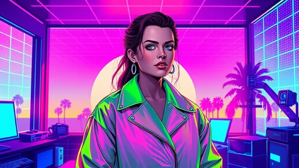 Anne Hathaway wearing green coat in neon Y2K styled room with digital effects.