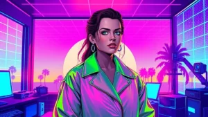 Anne Hathaway wearing green coat in neon Y2K styled room with digital effects.