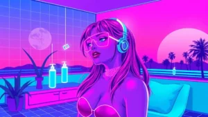 A retro Y2K styled illustration of a glowing girl in a neon-lit room with floating skincare products and digital effects