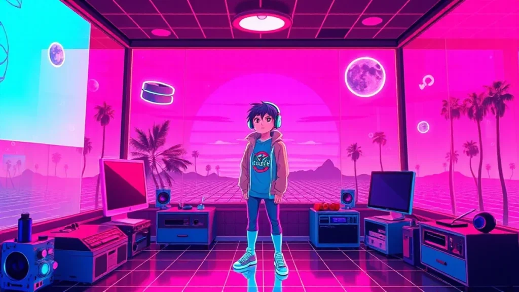 A retro Y2K character in a neon-lit room asking style questions with floating holograms.