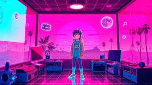 A retro Y2K character in a neon-lit room asking style questions with floating holograms.