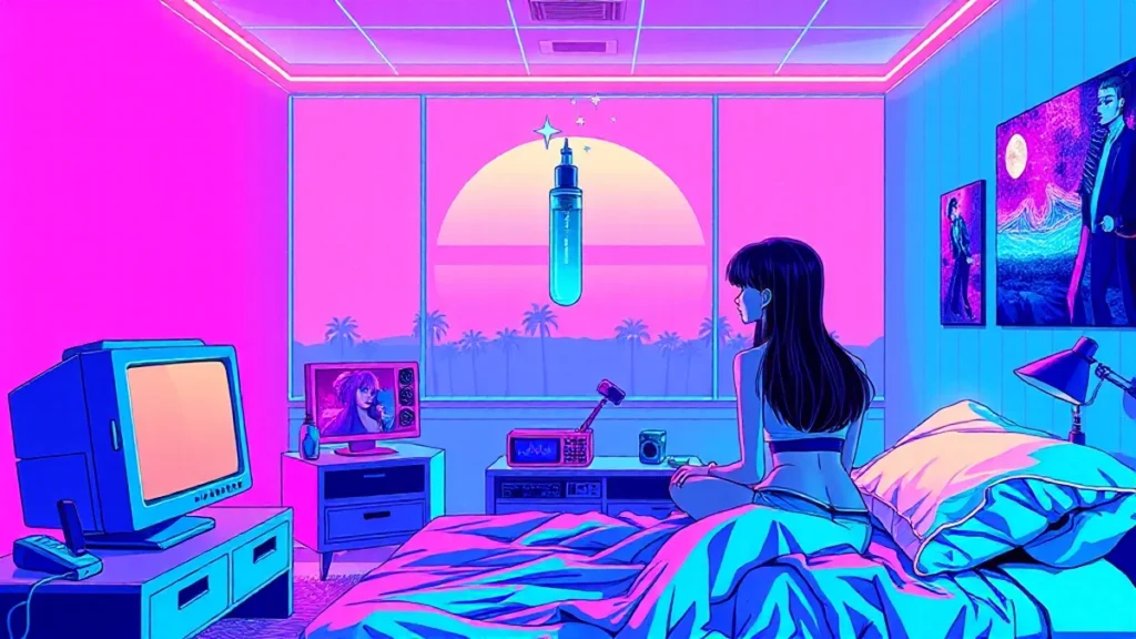 A retro Y2K girl applies grainy skincare in a neon-lit room with floating holographic beauty products.