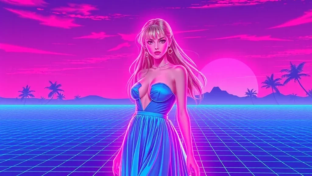 Barbara Palvin wears a baby blue Miu Miu dress in a neon-lit Y2K cyberpunk scene with floating holograms.